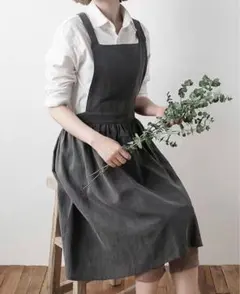 北欧風 エプロン リネン ワンピース風 料理 カフェ 保育士 チャコールグレー