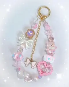 ハンドメイド 宝石風ビーズとリボンのビーズストラップキーホルダー ピンク系