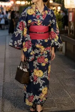 [美品] 浴衣セット おしゃれな花柄 / ネイビー浴衣 ピンク帯