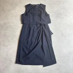 ノースリーブ パーティー ドレス ドレープ ネイビー ワンピース 38 レース