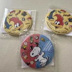 USJ 缶バッジ ウッディー・ウッドペッカー スヌーピー 3点セット
