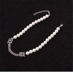 シルバー パール チェーン チョーカー ネックレス ロゴ ステッチ 507-1