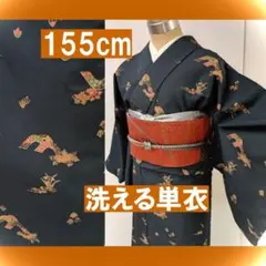 単衣＠洗える着物＠小紋＠濃い灰紺系・菖蒲・松＠155cm・裄66.5＠単着物