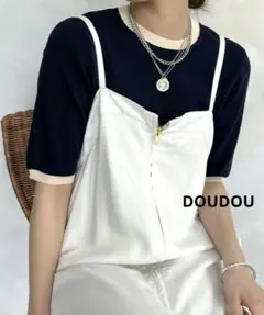 DOUDOU 5分袖配色ニット ネイビーのサムネイル