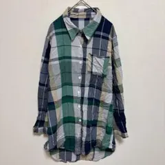 チェック シャツ チュニック ロールアップ袖 L 緑系 大人カジュアル 2WAY