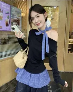 SHEIN　ワンショルダー 韓国ファッション ボウタイ トップス ワンホン