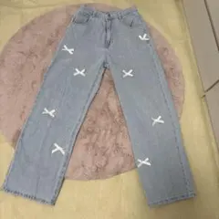 リボン付き デニムパンツ ライトブルー