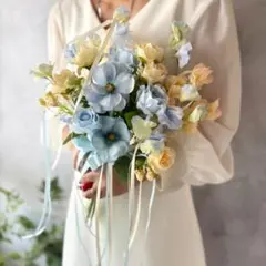 黄色×ブルーのリボンクラッチブーケ☆ブートニア