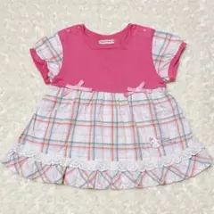 coeur a coeur100cm 半袖トップス　ピンク　チェック柄　リボン