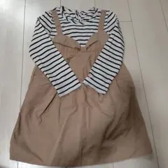 ストライプ柄長袖オーバーオールワンピース ベージュ