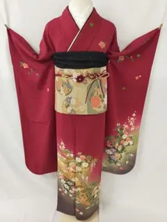 Y☆3213☆ 振袖 ワインレッド 黒 御所車 花柄 単品 二十歳のつどい 