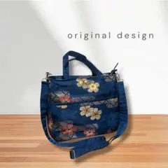 ハンドメイド 帯リメイク和柄刺繍 2WAYトートバッグ ショルダーバッグ ブルー