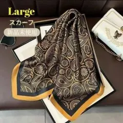 シルク調スカーフ 大判 黒 ゴールド ペイズリー キレイめ