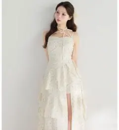 Cherry lace ribbon long flare onepiece | Mercari