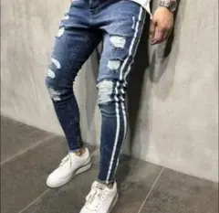 メンズ ダメージ　ジーンズ  デニム スキニー　サイドライン　ダークブルー　XL