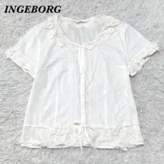 【美品】 INGEBORG クロシェニット襟半袖カットソー 9 ホワイトのサムネイル