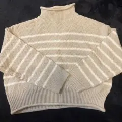 ベージュ ストライプ タートルネックニット