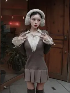 Daich ダーリッチ　シャツドッキングプリーツミニワンピース