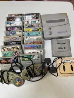 スーパーファミコンとコントローラー、アダプターとソフトのセット