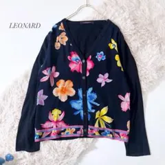 極美品ꕥレオナール 希少 シルク フラワープリントカーディガン トリム L