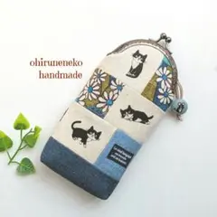 ☘️がま口のペンケース・メガネケース（ハチワレ猫 )パッチワーク／バニラン生地