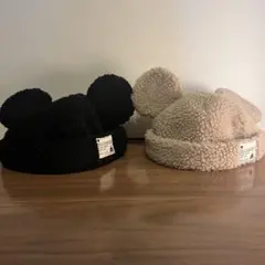 ミッキーマウス耳付きボア帽子（黒・ベージュ）