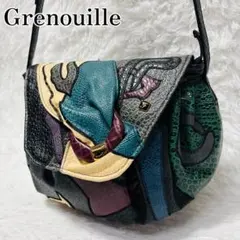 美品 Grenouille ショルダーバック 型押し パッチワーク ゴールド金具 