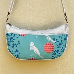 ハンドメイド•ラウンド型ショルダーバッグ★ブルーグリーン　小鳥