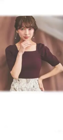 レディース 半袖ニットトップス ワインレッド