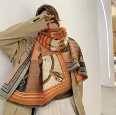 人気ストール　カシミヤマフラー オレンジ　馬柄 大判