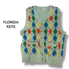【即日発送】 ニットベスト グリーン ゴルフ アーガイル柄 綿混 アーガイル柄
