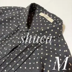 シュカ　ドット柄グレーシャツ　ちび襟ピンタック　コットン　M 春秋冬