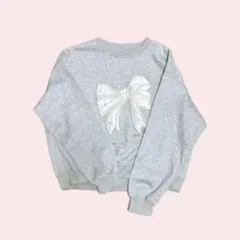リボン刺繍 トレーナー 韓国 裏起毛 グレー