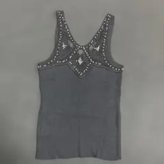 ⑅⃛ 黒　ビーズ装飾 タンクトップ
