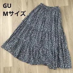 GU ティアードフレアロングスカート 花柄 フラワープリント ネイビー 紺 Mのサムネイル