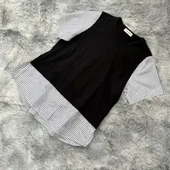 INED イネド サイズ9 半袖Tシャツ ストライプ 切替 黒 通勤 オフィスのサムネイル