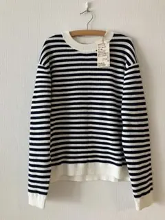 新品　無印　洗えるワッフル編み　クルーネックセーター　ネイビーボーダー　M