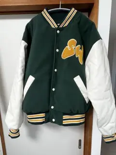 STAY WEIRD ワッペン付き レザー袖 スタジャン グリーン×ホワイト 