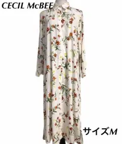 R347 セシルマクビー シャツ ワンピース 長袖 ミモレ丈 花柄 白 M