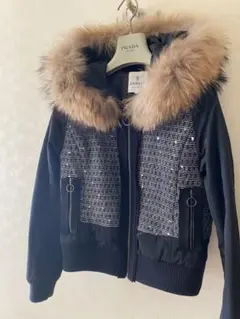 ランバンオンブルー♡お花スパンコール♡ツイード中綿ブルゾン♡ラクーンファー♡36