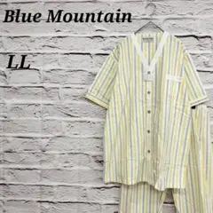 Blue Mountain【LL】半袖パジャマ上下 Vネック 釦 ストライプ 白