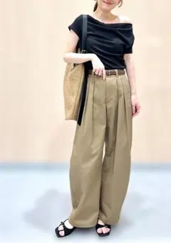 GU ドレープネックT オフショルダー リブTシャツ ブラック