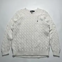90s ラルフローレン ケーブルニット L 白 ワンポイント コットン 7862