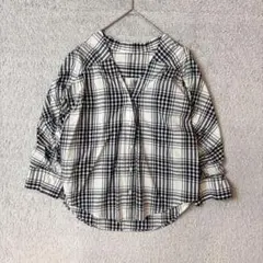 レルビエ　チェック柄　ギャザ　ブラウス　Vネック　ボリューム袖　M 七分袖