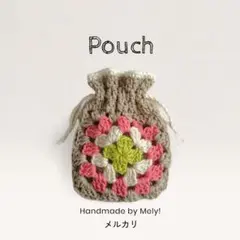 グラニースクエアのミニ巾着　ポーチCrochet　薄茶桃白黄緑　ハンドメイド♡