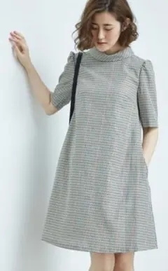 ROPE' PICNIC 衿付チェック柄ワンピース　ロールネック　半袖　38