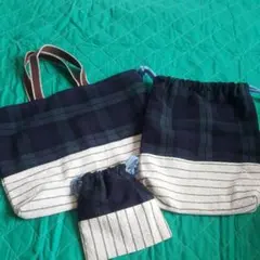 値下げ入学入園！ブラックウォッチ柄3点セット★レッスンバッグ&体操服入れ&巾着袋