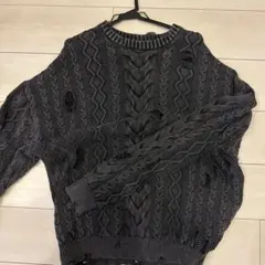 CLEL ダメージ加工 ケーブルニット セーター ブラック Lのサムネイル