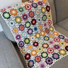 ハンドメイド　お花いっぱいブランケット　モチーフ　コットン