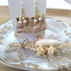 ハンドメイド ピアス フラワー刺繍 パール付き